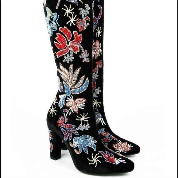YSL SAINT LAURENT AUTHENTIC FULLY BEADED VELVET KNEE HIGH BOOTS SIZE 7.5 NEW!! - Picture 4 of 15